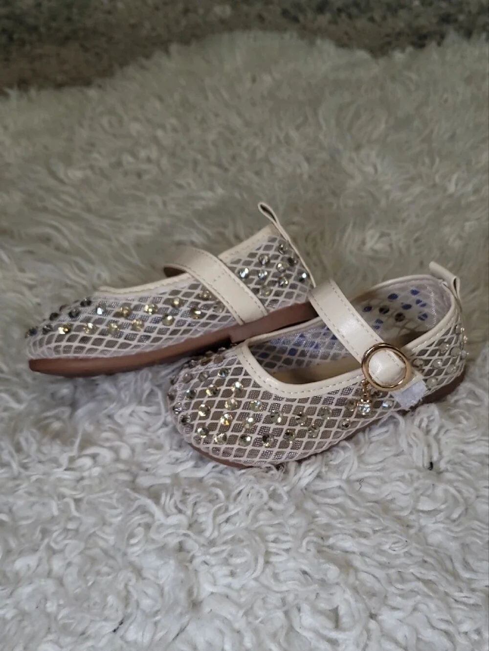 Kong Cream Rhinestone Mesh Mary Jane Shoes